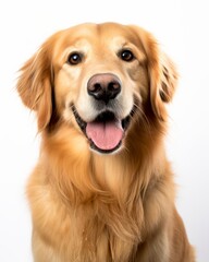 a golden retriever is smiling in front of a white background