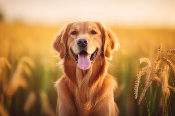 Obraz premium a golden retriever is standing in a field of tall grass