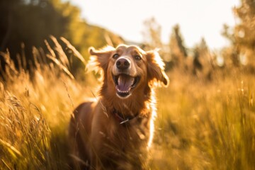 a golden retriever is standing in tall grass - Powered by Adobe