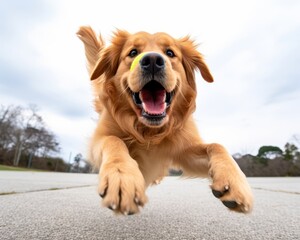 a golden retriever running with a tennis ball in its mouth