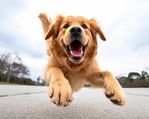 Fototapeta premium a golden retriever running with a tennis ball in its mouth