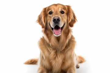 a golden retriever sitting down on a white background