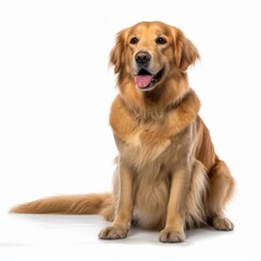a golden retriever sitting down on a white background