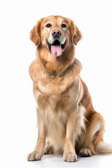 a golden retriever sitting down with its tongue hanging out