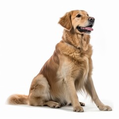 a golden retriever sitting down on a white background