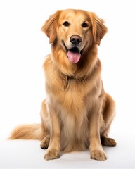 a golden retriever sitting in front of a white background