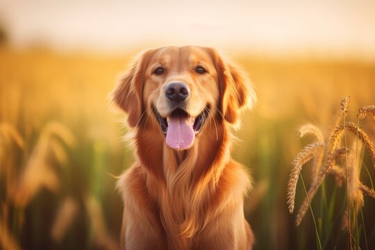 a golden retriever is standing in a field of tall grass