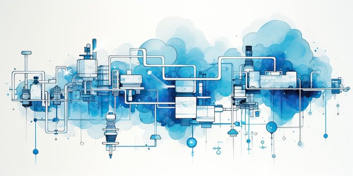 AI Generated. AI Generative. Abstract geometric factory pipeline industry drawing background in blue clouds. Drawing painting ink watercolor art on canvas. Graphic Art