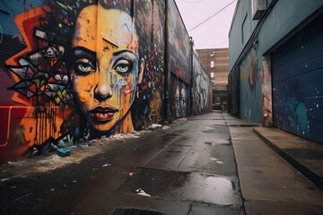 a graffiti covered alley with a womans face painted on the wall