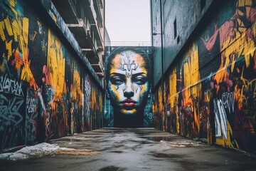 a graffiti covered alleyway with a womans face painted on it - obrazy, fototapety, plakaty