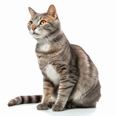 a gray cat sitting on a white background