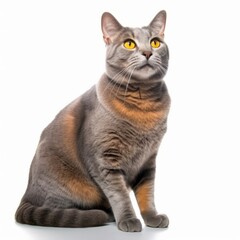 Obraz premium a gray cat with yellow eyes sitting on a white background