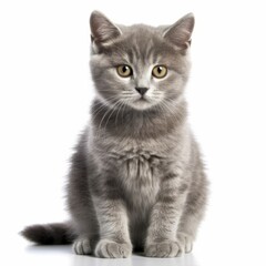 a gray kitten sitting in front of a white background