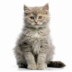 a gray kitten sitting in front of a white background