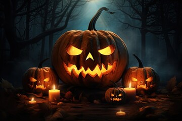 Halloween pumpkin head jack lantern with candles on dark background. Halloween concept.Generative Ai