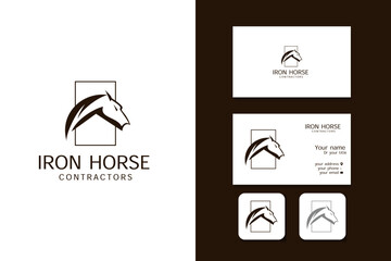 iron horse contractors logo design vector template and business card with editable text