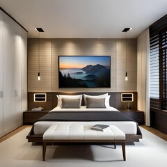 The bedroom room with an elegant minimalist concept, interior, luxury furniture is good for apartments, housing, luxury residences, advertisements, decoration inspiration, etc. Ai generative concept