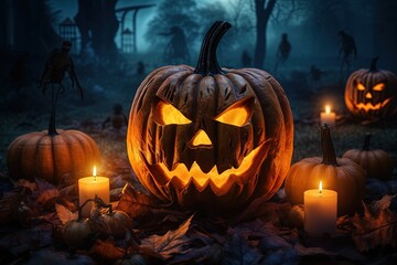 Halloween pumpkin head jack lantern with candles on dark background. Halloween concept.Generative Ai