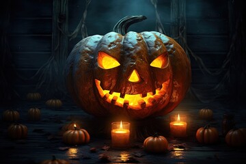 Halloween pumpkin head jack lantern with candles on dark background. Halloween concept.Generative Ai