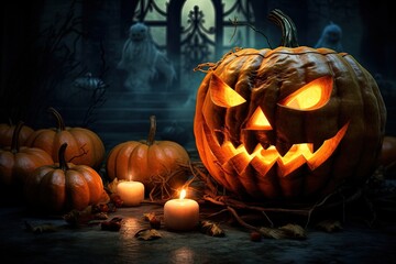 Halloween pumpkin head jack lantern with candles on dark background. Halloween concept.Generative Ai