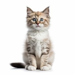 a kitten sitting on a white background with blue eyes