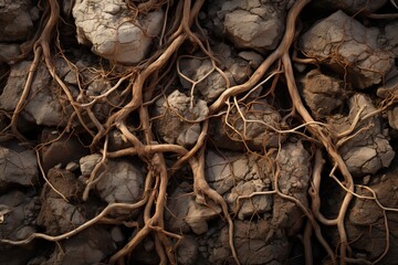 Grapevine roots in clay soil at vineyard. Viticulture concept.