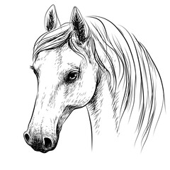 Horse. Graphic, monochrome drawing of an Arab horse in sketch style on a white background. Digital vector graphics.