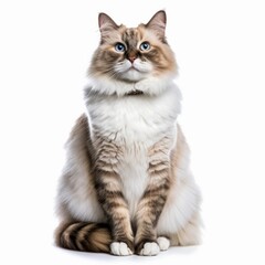 a long haired cat sitting down on a white background