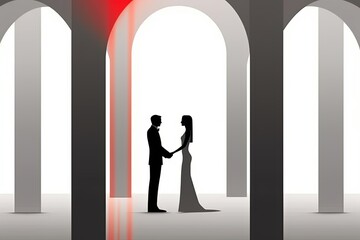 a man and woman standing in front of an archway with a red light