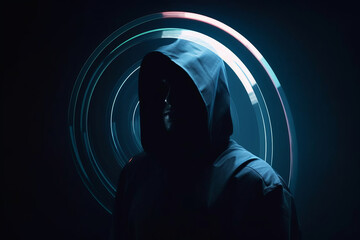 a man in a black hoodie standing in front of a circle - Powered by Adobe
