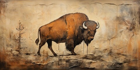 AI Generated. AI Generative. Primitive historical stone cave wall drawing art of huge big bi bison. Graphic Illustration