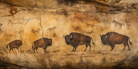 AI Generated. AI Generative. Primitive historical stone cave wall drawing art of big bison. Drawing painting ancient art. Graphic Illustration