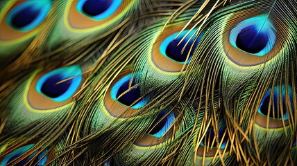 A close-up of a peacock feather with intricate and beautiful patterns and colors.