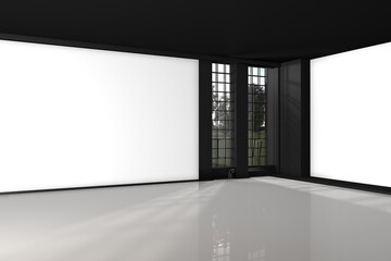 An elegant empty room in the style of a luxurious loft with white walls and marble floors. To be used as a background for presentations and product design. Interesting light reflections. 3D, rendering
