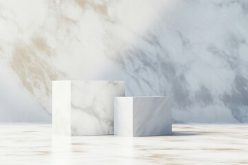 ブルーグレーと白と金色のマーブルの背景に二つの四角い展示台がある抽象テンプレート。AI生成画像