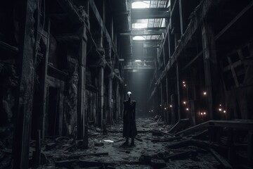 a man stands in the middle of an abandoned building