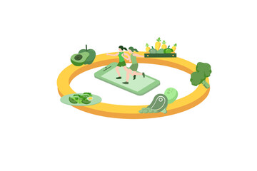 Isometric vector illustration Fitness and Diet planning. Healthy eating, personal diet or nutrition plan from dieting expert. Nutrition consulting, diet plan. Excess weight