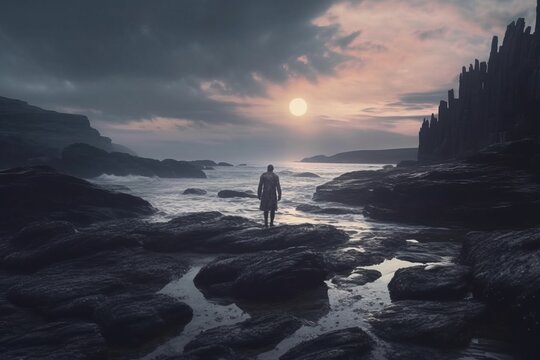 a man stands on the rocks at the edge of the ocean