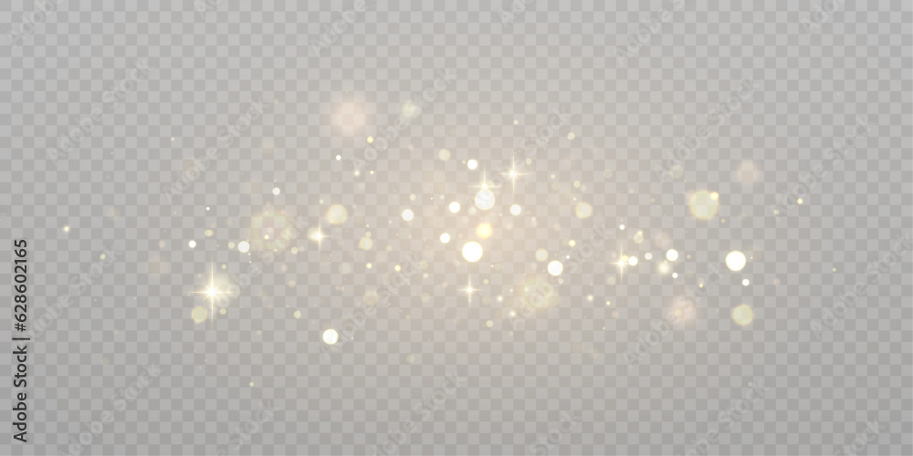 Poster Gold dust light bokeh. Christmas glowing bokeh and glitter overlay texture for your design on a transparent background. Golden particles abstract vector background.