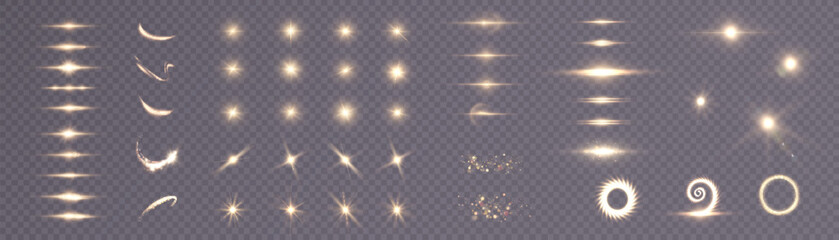Set of light effects golden glowing light isolated on transparent background. Bright flashes with rays and highlights. Glow effect refraction of light. Vector