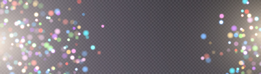 Multicolored dust light bokeh. Christmas glowing bokeh and glitter overlay texture for your design on a transparent background. Particles abstract vector background.