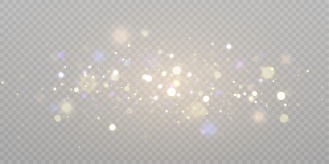 Gold dust light bokeh. Christmas glowing bokeh and glitter overlay texture for your design on a transparent background. Golden particles abstract vector background. - obrazy, fototapety, plakaty