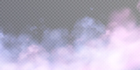 Obraz premium Realistic colorful smoke clouds, fog effect. Fog isolated on transparent background. Vapor in the air, vaporization. Vector