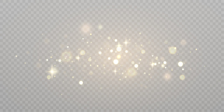 Gold dust light bokeh. Christmas glowing bokeh and glitter overlay texture for your design on a transparent background. Golden particles abstract vector background.