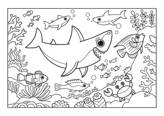 Sharks, fish and crabs under the water. Many plants grow on the bottom. Black and white vector illustration for coloring book.