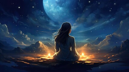 Beautiful painting of a girl sitting on her bed, meditation illustration with galaxy starry moon background. - obrazy, fototapety, plakaty