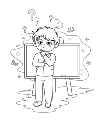 Coloring page. Schoolboy pondering at the Blackboard