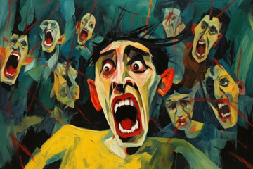 a painting of a man screaming in front of a group of people