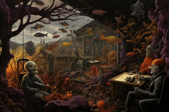 a painting of a man sitting at a table in a dark room with fish in the background