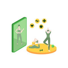 Vector illustration. Isometric online fitness and training on smartphone. Distant training with personal trainer. two young fit woman in sportswear watching online video with fitness exercises.